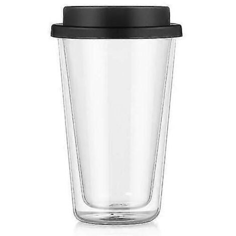 Tasse isotherme en verre double paroi avec couvercle en silicone pour boissons chaudes et froides, thé et lait, en verre borosilicate haute résistance, noire, 350 ml