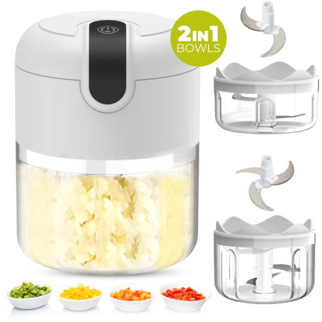 Mini hachoir à ail électrique sans fil et portable, rechargeable par USB, pour gingembre, oignons et légumes (bol de 150+250 ml) (1/5)