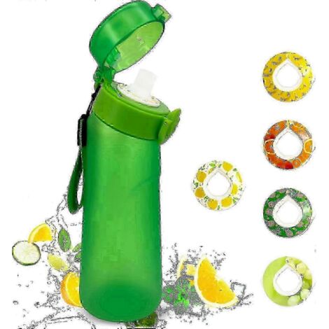 Gourde Air de 750 ml avec 5 capsules aromatisées, étanche, avec paille, idéale pour le sport et les activités de plein air. Couleur : vert mat. (1/5)