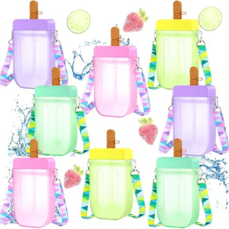 Lot de 8 jolies bouteilles d'eau avec paille, motif pastèque et glace, étanches et dotées d'une bandoulière réglable (style mignon). (1/5)