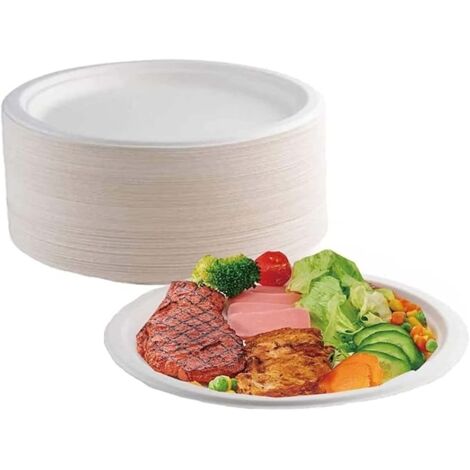 Lot de 100 assiettes jetables de 17,8 cm en papier biodégradable issu de la canne à sucre, écologiques et compostables. (1/5)