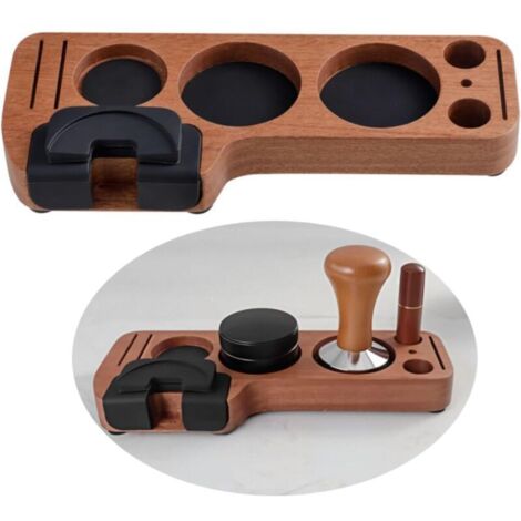 Station de Tassage Multifonctionnelle en Ébène Sapele, Modèle T pour Espresso, Compatible avec des Tasseurs, Distributeurs et Portafiltres de 51 à 58 mm, Support en Bois Massif pour Portafiltres avec
