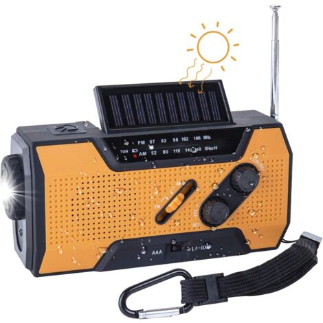 CCYKXA （Orange）Radio d'urgence à Manivelle FM AM, Radio de Nouveauté Extérieure Multifonction Portable Solaire avec 2000mAh comme Banque de Puissance/Lampe de Lecture à 4 LED/Lampe de Poche LED/Alarme