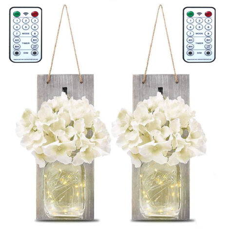 Lot de 2 guirlandes lumineuses LED, applique murale vintage en bocal Mason avec décoration en bois et fleurs artificielles, guirlande lumineuse rustique pour Halloween, décoration murale pour chambre (1/5)