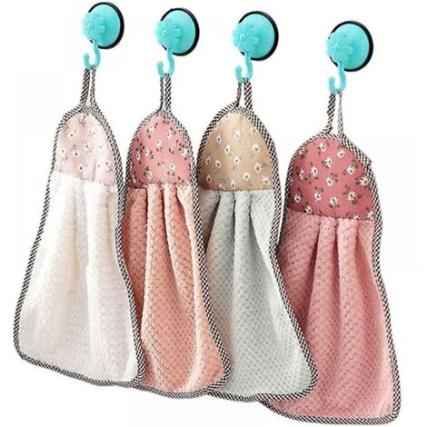 Serviette suspendue pour sécher les mains, serviette épaisse en velours corail à séchage rapide, serviette douce en tissu pour la cuisine et la salle de bain (23 x 37 cm - 4 pièces)