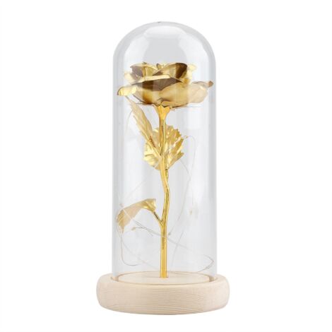 Rose éternelle illuminée par LED avec couvercle en verre et socle en bois, dorée, idéale pour la Saint-Valentin et les mariages. (1/5)