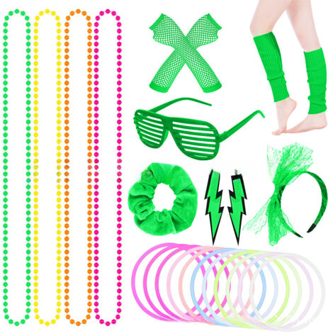 Bandeau en Dentelle Mode Boucles d'Oreilles Néon Gants Résille Sans Doigts pour Fête des Années 80