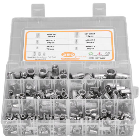 Kit d'assortiment de 250 écrous à sertir à tête plate en acier inoxydable 304 (M3, M4, M5, M6, M8, M10) (1/5)