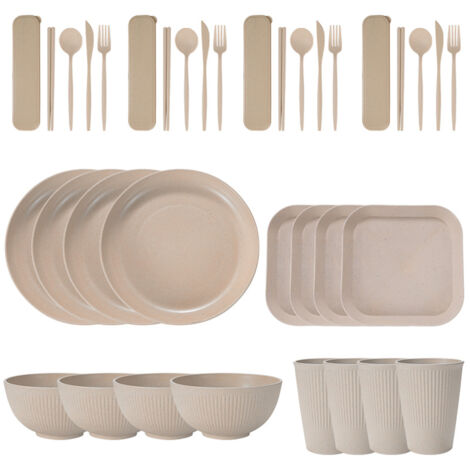 Service de table portable en paille de blé (bols, assiettes et tasses), couteau, fourchette, cuillère et baguettes portugaises. Ensemble de 36 pièces.