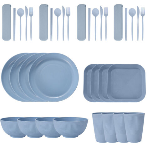 Service de table portable en paille de blé (bols, assiettes et tasses), couteau, fourchette, cuillère et baguettes portugaises. Ensemble de 36 pièces.