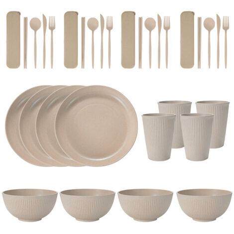 Service de table portable en paille de blé (bols, assiettes et tasses), couteau, fourchette, cuillère et baguettes portugaises. Ensemble de 36 pièces.