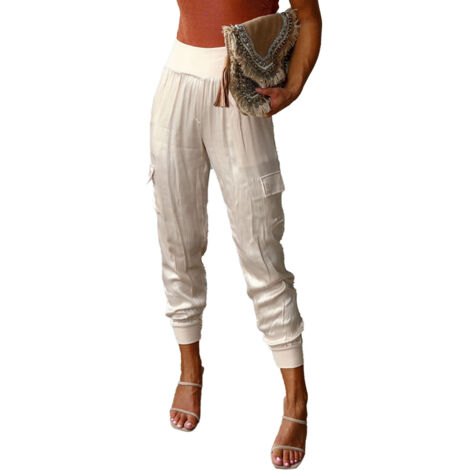 Pantalon de jogging en satin pour femme, taille haute élastique, poches multiples, coupe fuselée, couleur champagne XL (1/5)