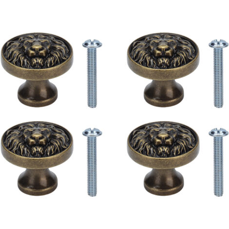 Poignée de porte de placard en alliage de zinc, motif tête de lion, lot de 4, style antique, style dessin animé, solide, circulaire, à un seul trou, boucle, Hand399, motif tête de lion, bronze (1/5)