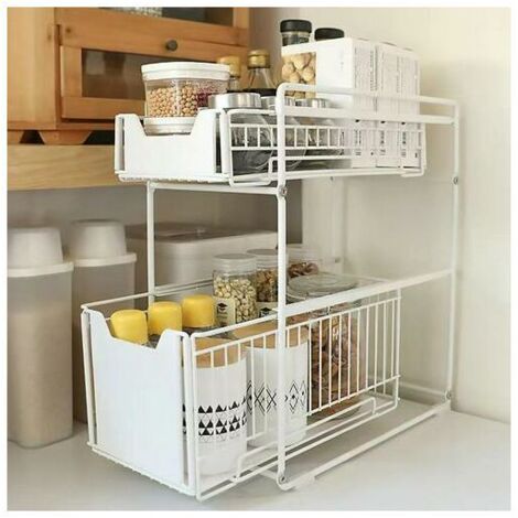 Panier de rangement coulissant à double couche, organisateur de tiroir, étagère à épices, organisateur de comptoir de cuisine, dimensions : 37,4 x 26,5 x 44 pouces, blanc. (1/5)