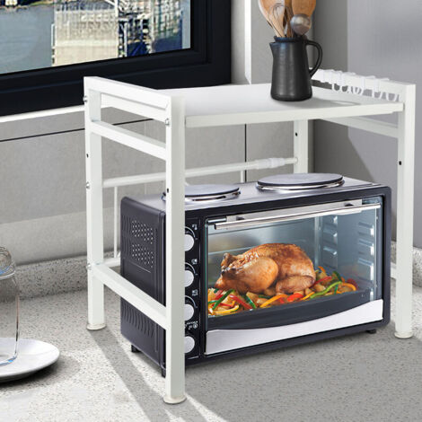 Étagère extensible pour four à micro-ondes, support de rangement pour four à micro-ondes de cuisine, étagère à épices peu encombrante, à deux niveaux avec crochets, blanche. (1/5)