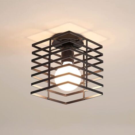 Plafonnier en forme de cage de style industriel rétro, structure en métal noir, douille E27, convient à diverses occasions telles que le salon, la salle à manger, le couloir, le café, etc. (ampoule no (1/5)