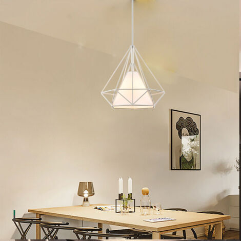 Lustre en forme de cage en forme de losange, douille E27, tube fluorescent de 25 cm avec abat-jour en métal blanc, convient pour l'éclairage de la chambre et du salon. (1/5)