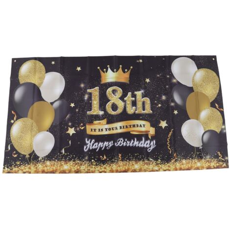 Décoration de fond « Joyeux 18e anniversaire » noir et or 180 x 99 cm, réutilisable, avec 4 œillets (1/5)