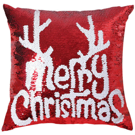 Soldes de Noël Coussin renne à flocons de neige rouge à sequins double face, décoration de Noël élégante (1/5)