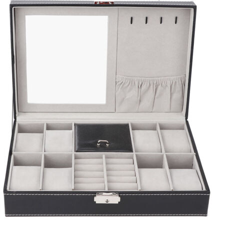 Boîte à bijoux et montres à 8 compartiments avec miroir, servant de présentoir, de rangement et d'organisateur. (1/5)