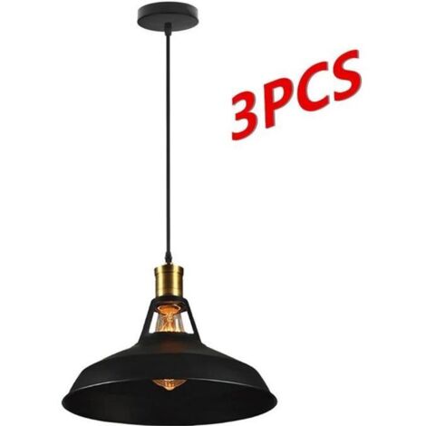 Suspension Industrielle Métal - Lot de 3 - Style Rétro Edison - Culot E27 - Pour Salon Cuisine Couloir - Noir Ø27cm (1/4)