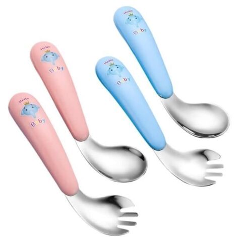 Cuillère Et Fourchette Bébé - 4 Pièces - Acier Inoxydable - Apprentissage Alimentaire - Enfants Droitiers - 13x3 Cm (1/4)
