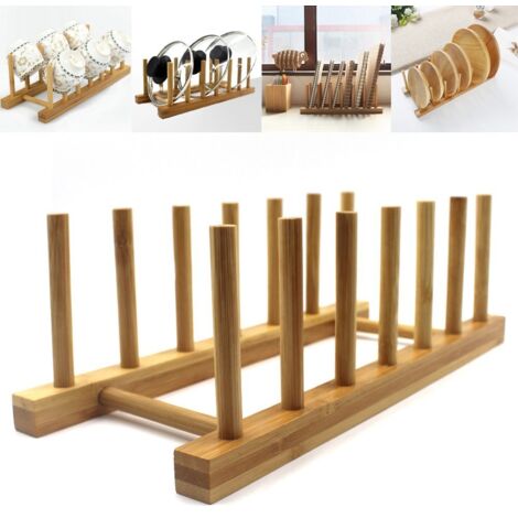 Cet ensemble de deux égouttoirs en bambou comprend un égouttoir et un support pour couvercles. Il est idéal pour les placards de cuisine et peut accueillir assiettes, bols, tasses, couvercles, livres, (1/5)