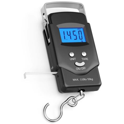 Balance numérique de pêche à hameçons avec écran LCD rétroéclairé, capacité 110 lb/50 kg, ruban de mesure inclus, 2 piles AAA incluses. (1/5)