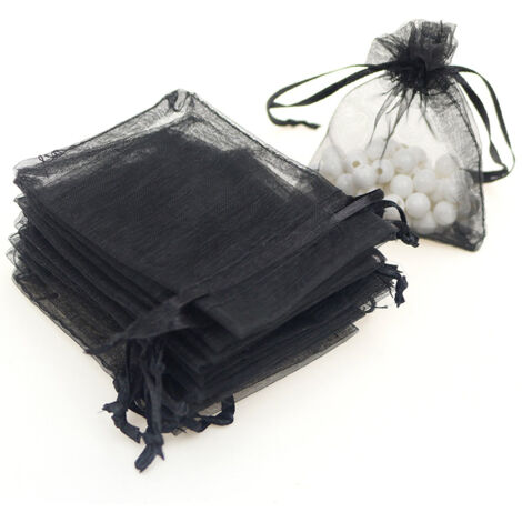 100 sachets cadeaux en organza de 9 x 12 cm (3,6 x 4,8 pouces), sachets à cordon, sachets à bijoux, sachets à dragées, sachets à dragées de mariage, sachets à bonbons. (Noir) (1/5)