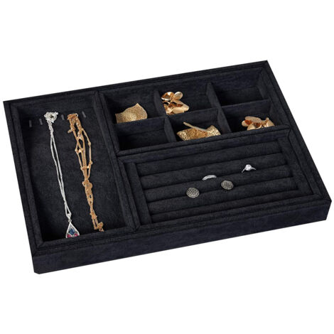 Plateau à bijoux amovible en velours de grande capacité, tiroir, organisateur de boucles d'oreilles, bagues et colliers de bureau (1/5)