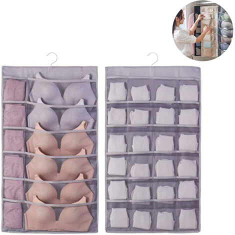 Ce sac de rangement est doté de crochets métalliques et est conçu pour un rangement suspendu double face. Il peut contenir des sous-vêtements, des bas, des soutiens-gorge et des chaussettes (12 + 24 p (1/5)