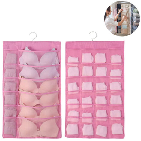 Ce sac de rangement est doté de crochets métalliques et est conçu pour un rangement suspendu double face. Il peut contenir des sous-vêtements, des bas, des soutiens-gorge et des chaussettes (12 + 24 p (1/5)