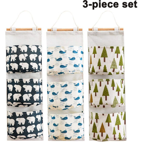 Ensemble de 3 sacs de rangement muraux pour armoire, sac de rangement en lin pour porte arrière, sac de rangement suspendu avec 3 poches, convient pour la chambre et la salle de bain - imperméable et (1/5)