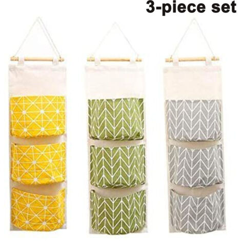 Ensemble de 3 sacs de rangement muraux pour armoire, sac de rangement en lin pour porte arrière, sac de rangement suspendu avec 3 poches, convient pour la chambre et la salle de bain - imperméable et (1/5)