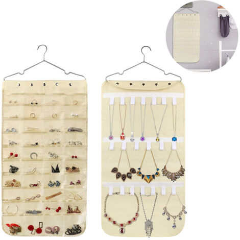 Organisateur de bijoux suspendu, organisateur de bijoux double face à 40 poches avec 20 crochets Velcro, porte-colliers et organisateur de chaînes à bijoux. (1/5)