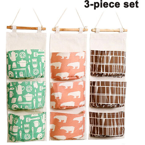 Ensemble de 3 sacs de rangement muraux pour armoire, sac de rangement en lin pour porte arrière, sac de rangement suspendu avec 3 poches, convient pour la chambre et la salle de bain - imperméable et (1/5)