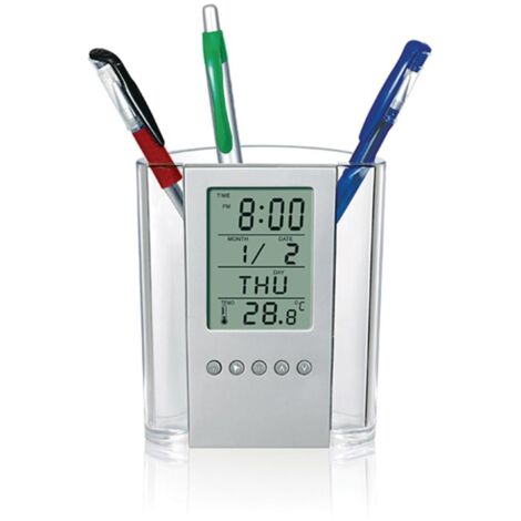 Réveil numérique LCD de bureau avec porte-stylo, affiche l'heure, la date, l'année, le jour de la semaine, la température et le calendrier, convient à la maison, au bureau et à l'école.