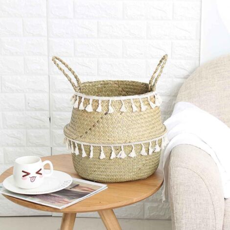 Panier de rangement artisanal en bambou à pompons, panier à algues, pot de fleurs de jardin, panier à linge, boîte de rangement, étagère à jouets - L (1/5)