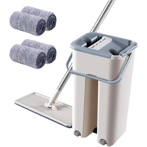 Cet ensemble de balai plat pliable et de seau comprend 4 lingettes de balai à raclette, est lavable et séchable, et dispose d'un système de nettoyage à balai plat adapté au nettoyage des sols en bois, (1/5)