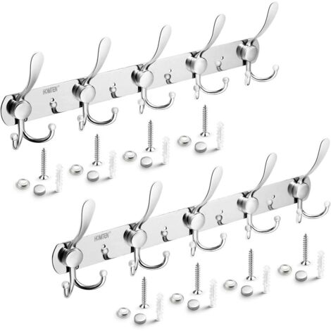 2pcs Porte-manteau mural - Modèle 2020, porte-manteau mural à 5 crochets triples, porte-manteau mural robuste en acier inoxydable, convient pour une entrée (argent).
