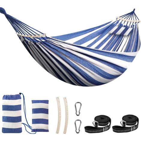 Hamac Coton - 1 Place - Barre Écartement - Support 300KG - Camping Jardin - Avec Oreiller Et Sangles (1/5)