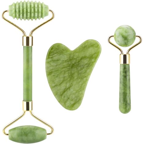 Rouleau Facial En Jade Et Outil Gua Sha - Kit 3 Pièces - Pierre Naturelle - Massage Visage Et Cou (1/5)
