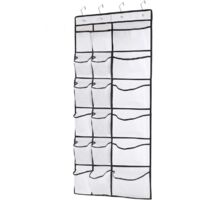 Étagère à chaussures à fixer derrière une porte, dotée de 12 poches en filet et de 6 grands compartiments de rangement en filet, offrant de multiples options de rangement. Fournie avec 4 crochets, ell