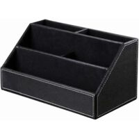Boîte de rangement de bureau multifonctionnelle, structure en bois, revêtement en cuir, comprenant un espace de rangement pour stylos/crayons, téléphones portables, cartes de visite et télécommandes.