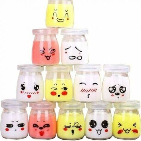 12 pots à yaourt en verre avec couvercles décorés de différents émoticônes, contenance 100 ml. (1/5)
