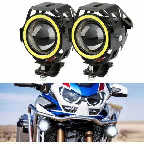 Phare Moto U7 LED Phare Avant Moto Antibrouillard Spotlight DRL Universal Étanche Feux Additionnels Moto avec Blanc Cercle d'oeil d'ange, 2PCS