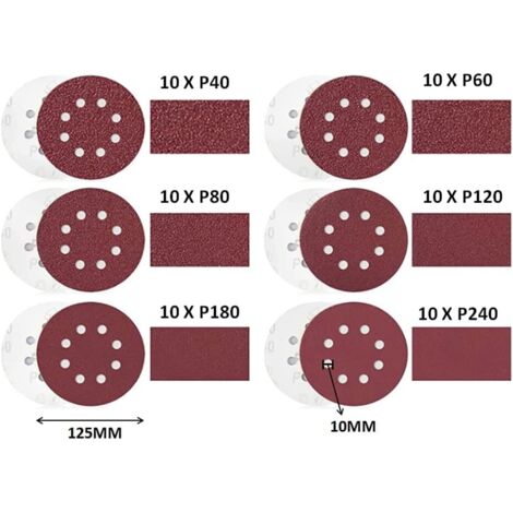 Papier Disques de Ponçage Papier Abrasifs Velcro de Ponçage Jeu pour Meuleuse excentrique 8 trous Ø 125 mm grain chacun 10 x P40/ P60/ P80/ P120/ P180/ P240 60 pièces (1/5)