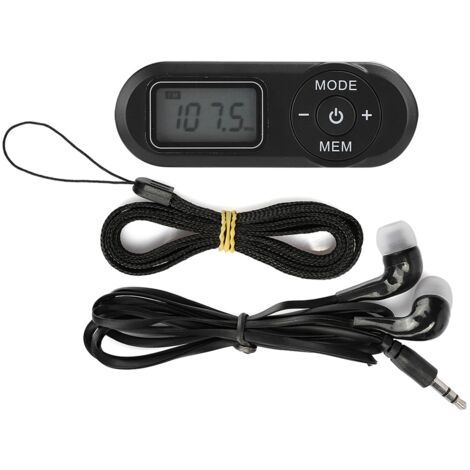 Mini radio FM numérique portable DSP avec écran LCD 1,1 pouce, noir et écouteurs inclus.