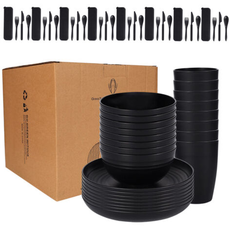 Ensemble de vaisselle 28 pièces comprenant un bol, une tasse, un couteau, une fourchette et une cuillère en plastique. (1/5)