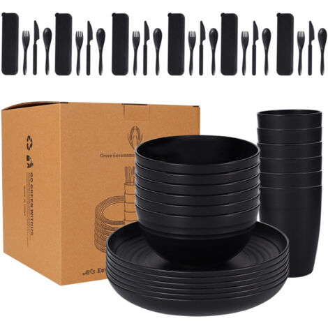 Ensemble de vaisselle 28 pièces comprenant un bol, une tasse, un couteau, une fourchette et une cuillère en plastique.